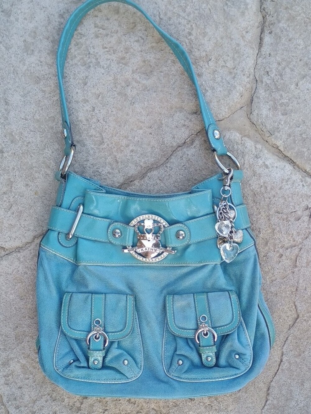 Kathy Van Zeeland Teal Blue Shoulder Bag with Front Pockets EUC